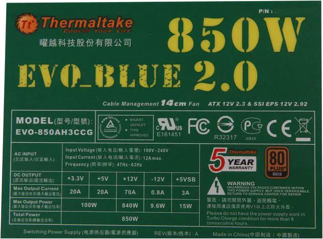 Alt view image 5 of 7 - Thermaltake EVO BLUE 2.0 EVO-850MPCGUS-A 850 W ATX12V / EPS12V SLI Certified CrossFire Ready 80 PLUS GOLD Certified Modular Active PFC Power Supply