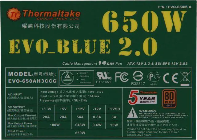 Alt view image 5 of 7 - Thermaltake EVO BLUE 2.0 EVO-650MPCGUS-A 650 W ATX12V / EPS12V SLI Certified CrossFire Ready 80 PLUS GOLD Certified Modular Active PFC Power Supply