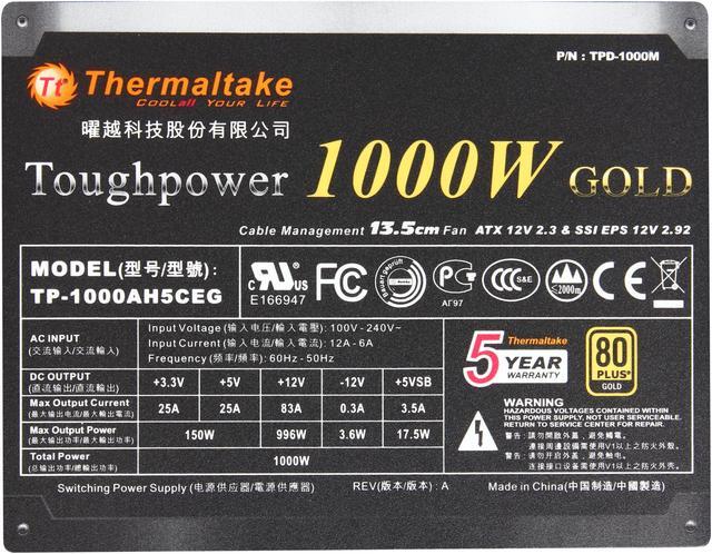 Alt view image 6 of 7 - Thermaltake PS-TPD-1000MPCGUS-1 1000 W ATX12V / EPS12V 80 PLUS GOLD Certified Semi-Modular Active PFC Power Supply