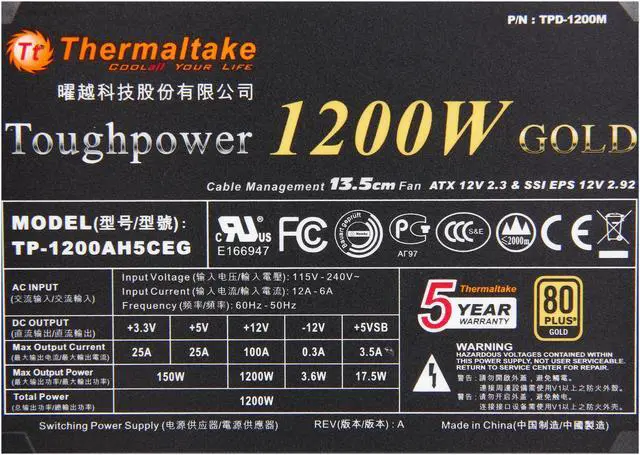Alt view image 6 of 8 - Thermaltake Toughpower 1200W Gold PS-TPD-1200MPCGUS-1 1200 W ATX12V / EPS12V 80 PLUS GOLD Certified Semi-Modular Active PFC Power Supply