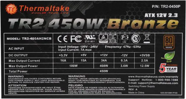 Alt view image 5 of 7 - Thermaltake TR2 Bronze 450W ATX12V v2.31 / EPS v2.92 80 PLUS BRONZE Certified 5 Year Warranty Active PFC Power Supply Haswell Ready PS-TR2-0450NPCBUS-B
