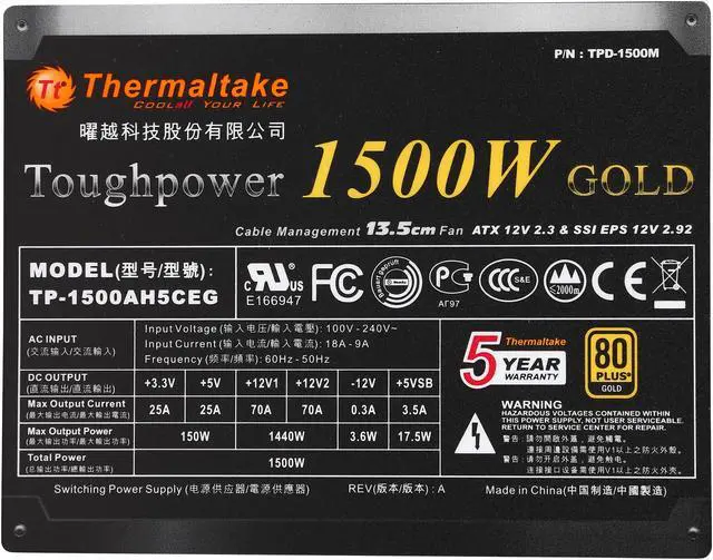 Alt view image 5 of 7 - Thermaltake Toughpower 1500W SLI/CrossFire Ready ATX 12V V2.3 / EPS 12V v2.92 80 PLUS GOLD Certified 7 Year Warranty Full Modular Active PFC Power Supply Haswell Ready PS-TPD-1500MPCGUS-1