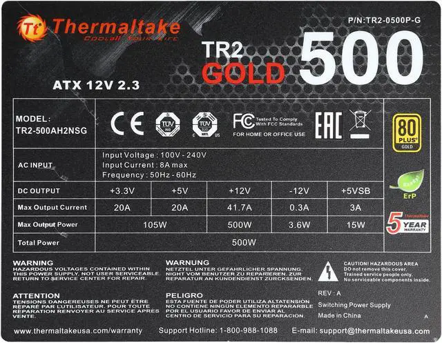 Alt view image 6 of 7 - Thermaltake TR2 Gold 500W SLI/CrossFire Ready Continuous Power ATX12V v2.31 / EPS v2.92 80 PLUS GOLD Certified 5 Year Warranty Active PFC Power Supply Haswell Ready PS-TR2-0500NPCGUS-G
