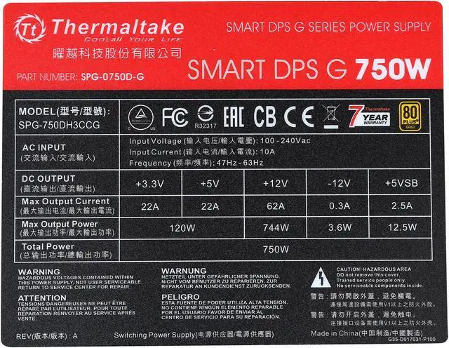 Alt view image 6 of 7 - Thermaltake Smart DPS G 750W Digital SLI/CrossFire Ready Continuous Power ATX12V v2.31 / SSI EPS v2.92 80 PLUS GOLD Certified Modular Active PFC Power Supply Haswell Ready
