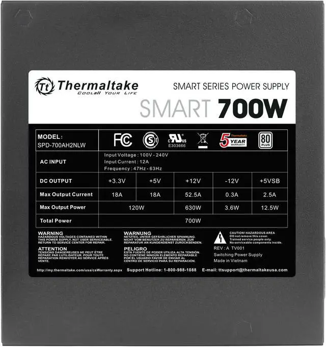 Alt view image 5 of 7 - Thermaltake Smart Series 700W SLI / CrossFire Ready Continuous Power ATX12V V2.3 / EPS12V 80 PLUS Certified Active PFC Power Supply Haswell Ready PS-SPD-0700NPCWUS-W