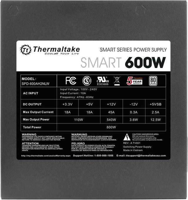 Alt view image 5 of 7 - Thermaltake Smart Series 600W SLI / CrossFire Ready Continuous Power ATX12V V2.3 / EPS12V 80 PLUS Certified Active PFC Power Supply Haswell Ready PS-SPD-0600NPCWUS-W