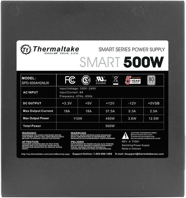 Alt view image 5 of 19 - Thermaltake Smart Series 500W SLI/CrossFire Ready Continuous Power ATX 12V V2.3 / EPS 12V 80 PLUS Certified Active PFC Power Supply Haswell Ready PS-SPD-0500NPCWUS-W