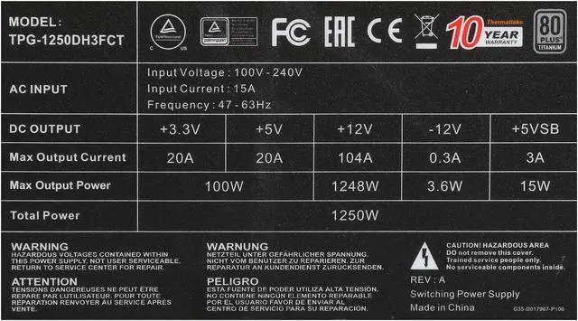 Alt view image 8 of 9 - Thermaltake PS-TPG-1250DPCTUS-T DPS G RGB 1250W Digital ATX12V v2.31 / SSI EPS v2.92 80 PLUS TITANIUM Full Modular Active PFC Power Supply