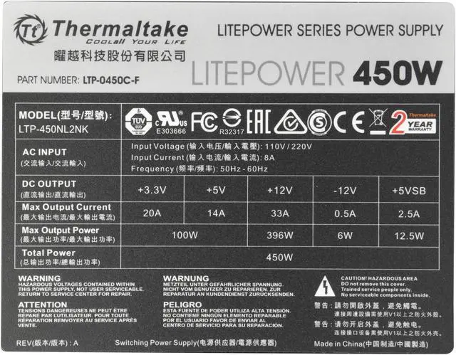 Alt view image 6 of 7 - Thermaltake Litepower 450W ATX12V v2.3 Haswell Ready 2 Year Warranty Power Supply PS-LTP-0450NPCNUS-F