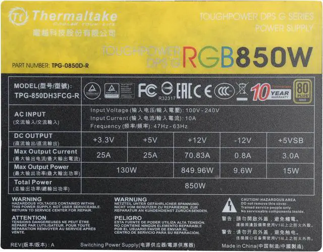 Alt view image 7 of 7 - Thermaltake Toughpower DPS G RGB 850W Digital SPM Monitoring Software SLI/CrossFire Ready Continuous Power ATX12V v2.31 / SSI EPS v2.92 80 PLUS GOLD Certified Full Modular VR Ready Power Supply