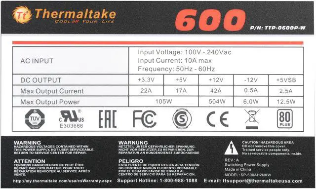Alt view image 7 of 6 - Thermaltake Smart Series 600W ATX 12V V2.3 / EPS 12V 80 PLUS Certified Active PFC Power Supply - OEM