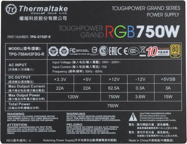 Alt view image 7 of 8 - Thermaltake Toughpower Grand RGB 750W Smart Zero Fan SLI/CrossFire Ready Continuous Power ATX12V v2.4 / EPS v2.92 80 PLUS GOLD Certified Full Modular Power Supply PS-TPG-0750FPCGUS-R