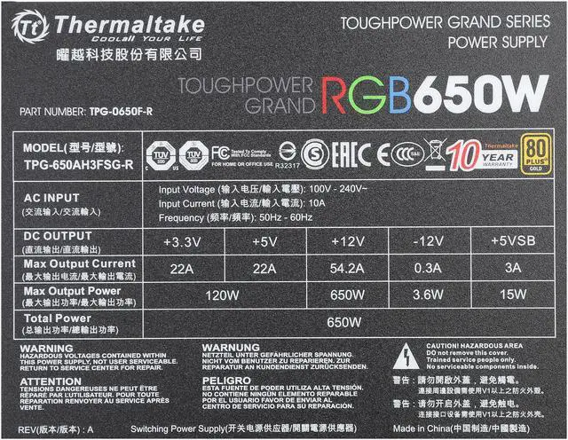 Alt view image 6 of 7 - Thermaltake Toughpower Grand RGB 650W Smart Zero Fan SLI/CrossFire Ready Continuous Power ATX12V v2.4 / EPS v2.92 80 PLUS GOLD Certified Full Modular Power Supply PS-TPG-0650FPCGUS-R