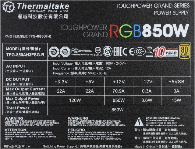 Alt view image 6 of 7 - Thermaltake Toughpower Grand RGB 850W Smart Zero Fan SLI/CrossFire Ready Continuous Power ATX12V v2.4 / EPS v2.92 80 PLUS GOLD Certified Full Modular Power Supply PS-TPG-0850FPCGUS-R