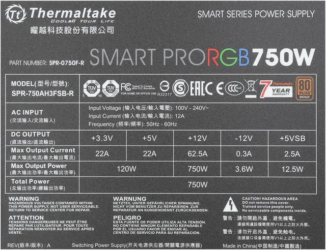 Alt view image 7 of 7 - Thermaltake Smart Pro RGB 750W Smart Zero Fan SLI/CrossFire Ready Continuous Power ATX12V v2.4 / EPS v2.92 80 PLUS Bronze Certified Full Modular Power Supply PS-SPR-0750FPCBUS-R