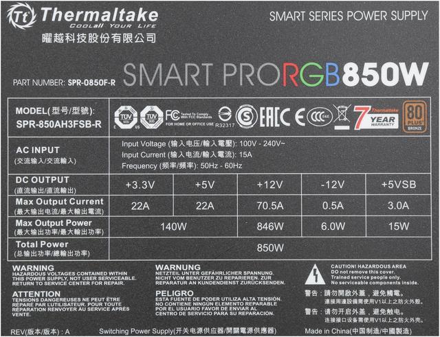 Alt view image 7 of 7 - Thermaltake Smart Pro RGB 850W Smart Zero Fan SLI/CrossFire Ready Continuous Power ATX12V v2.4 / EPS v2.92 80 PLUS Bronze Certified Full Modular Power Supply PS-SPR-0850FPCBUS-R