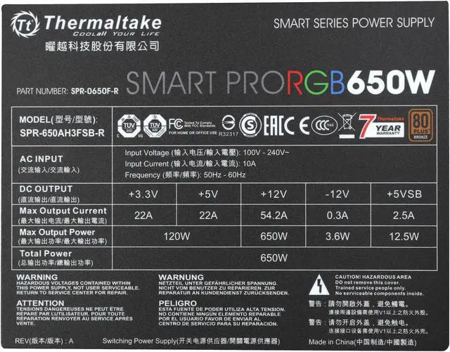 Alt view image 7 of 8 - Thermaltake Smart Pro RGB 650W Smart Zero Fan SLI/CrossFire Ready Continuous Power ATX12V v2.4 / EPS v2.92 80 PLUS Bronze Certified Full Modular Power Supply PS-SPR-0650FPCBUS-R