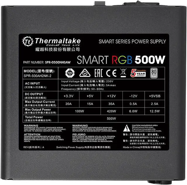 Alt view image 5 of 11 - Thermaltake Smart RGB Series 500W SLI/CrossFire Ready Continuous Power ATX 12V V2.3 80 PLUS Certified 5 Year Warranty Active PFC Power Supply Haswell Ready PS-SPR-0500NHFAWU-1