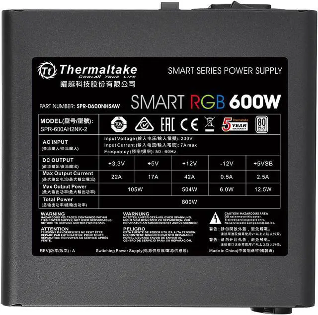 Alt view image 5 of 11 - Thermaltake Smart RGB Series 600W SLI/CrossFire Ready Continuous Power ATX 12V V2.3 80 PLUS Certified 5 Year Warranty Active PFC Power Supply Haswell Ready PS-SPR-0600NHFAWU-1