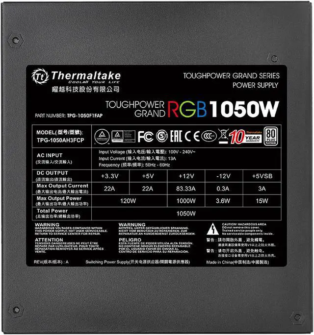 Alt view image 6 of 11 - Thermaltake Toughpower Grand RGB 1050W SLI/CrossFire Ready Continuous Power RGB LED Smart Zero Fan ATX12V v2.4 / EPS v2.92 80 PLUS PLATINUM Certified 10 Year Warranty Full Modular Power Supply PS-TPG-1050F1FAPU-1