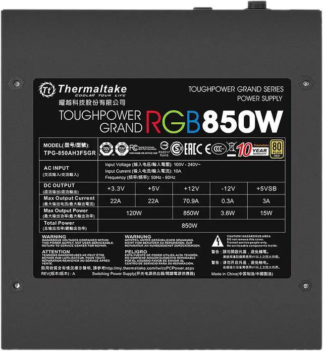 Alt view image 11 of 13 - Thermaltake Toughpower Grand RGB 850W Gold RGB Sync Edition SLI/CrossFire Ready Continuous Power Smart Zero Fan ATX12V v2.4 / EPS v2.92 80 PLUS GOLD Certified 10 Year Warranty Full Modular Power Supply PS-TPG-0850FPCGUS-S