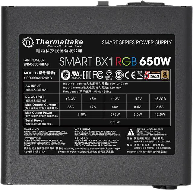 Alt view image 4 of 9 - Thermaltake Smart BX1 RGB 650W Bronze SLI/ CrossFire Ready Continuous Power RGB LED ATX12V v2.3 / EPS v2.92 80 PLUS Bronze Certified 5 Year Warranty Non Modular Power Supply PS-SPR-0650NHFABU-1