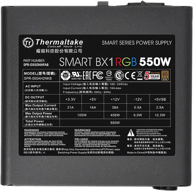 Alt view image 4 of 9 - Thermaltake Smart BX1 RGB 550W Bronze SLI/ CrossFire Ready Continuous Power RGB LED ATX12V v2.3 / EPS v2.92 80 PLUS Bronze Certified 5 Year Warranty Non Modular Power Supply PS-SPR-0550NHFABU-1