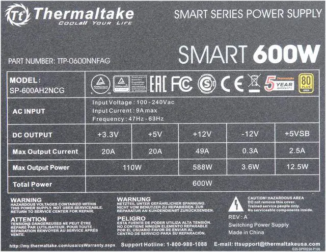 Alt view image 9 of 9 - Thermaltake PS-TTP-0600NNFAGU-1 600 W ATX12V 80 PLUS GOLD Certified Non-Modular Active PFC PFC Power Supply 80+ Gold Non-Modular SI Only Bulk Pack - OEM
