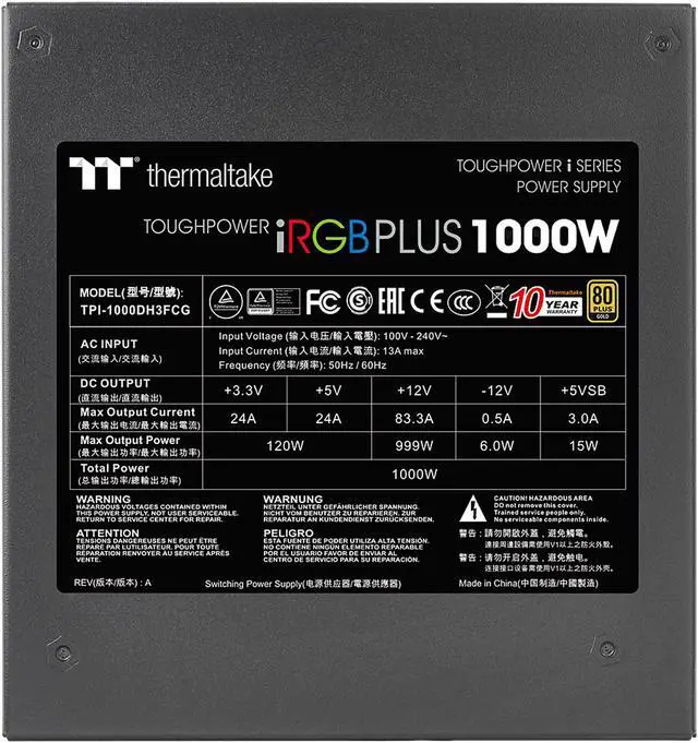 Alt view image 5 of 16 - Thermaltake Toughpower iRGB PLUS 1000W 80+ Gold SLI/ CrossFire Ready RGB LED ATX12V v2.4/ EPS v2.92 10 Year Warranty Fully Modular Digital Power Supply PS-TPI-1000F3FDGU-1