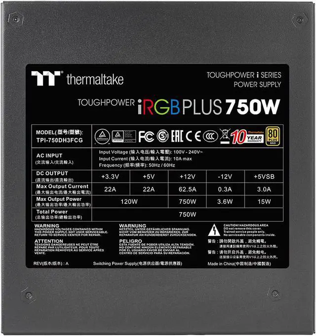 Alt view image 5 of 16 - Thermaltake Toughpower iRGB PLUS 750W 80+ Gold SLI/ CrossFire Ready RGB LED ATX12V v2.4/ EPS v2.92 10 Year Warranty Fully Modular Digital Power Supply PS-TPI-0750F3FDGU-1