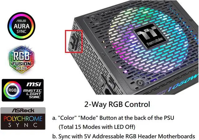 Alt view image 10 of 14 - Thermaltake Toughpower PF1 ARGB 1050W 80+ Platinum 16.8 Million Colors 18 Addressable LEDs 5V Motherboard Sync/Analog Controlled SLI Full Modular Power Supply PS-TPD-1050F3FAPU-1