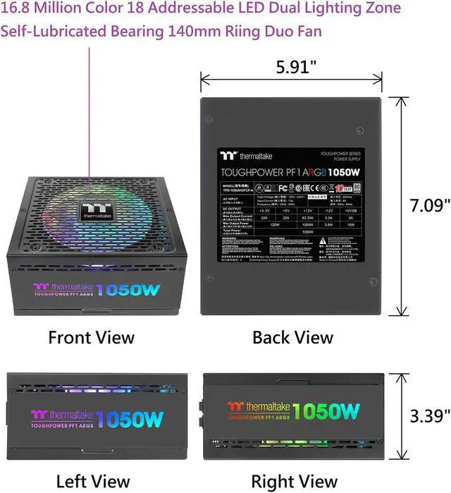 Alt view image 11 of 14 - Thermaltake Toughpower PF1 ARGB 1050W 80+ Platinum 16.8 Million Colors 18 Addressable LEDs 5V Motherboard Sync/Analog Controlled SLI Full Modular Power Supply PS-TPD-1050F3FAPU-1