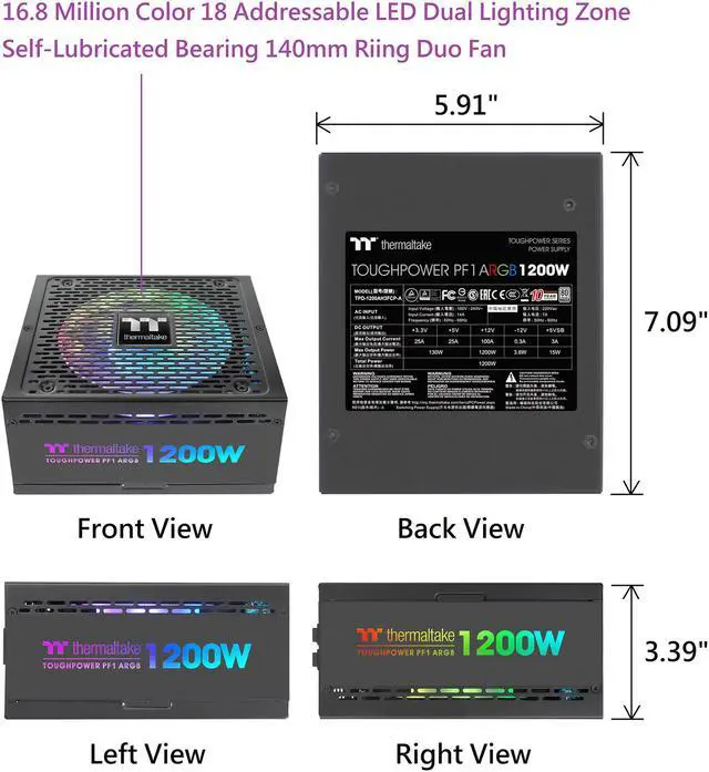 Alt view image 11 of 14 - Thermaltake Toughpower PF1 ARGB 1200W 80+ Platinum 16.8 Million Colors 18 Addressable LEDs 5V Motherboard Sync/Analog Controlled SLI Full Modular Power Supply PS-TPD-1200F3FAPU-1