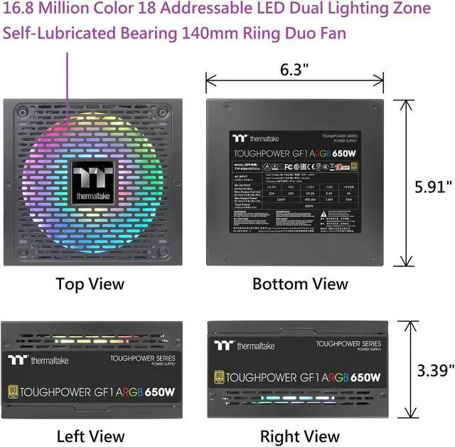 Alt view image 9 of 12 - Thermaltake Toughpower GF1 ARGB 650W 80+ Gold 16.8 Million Colors 18 Addressable LEDs 5V Motherboard Sync/Analog Controlled SLI Full Modular Power Supply PS-TPD-0650F3FAGU-1