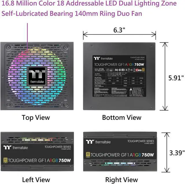 Alt view image 9 of 12 - Thermaltake Toughpower GF1 ARGB 750W 80+ Gold 16.8 Million Colors 18 Addressable LEDs 5V Motherboard Sync/Analog Controlled SLI Full Modular Power Supply PS-TPD-0750F3FAGU-1