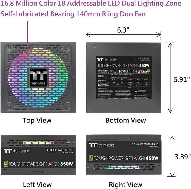 Alt view image 9 of 12 - Thermaltake Toughpower GF1 ARGB 850W 80+ Gold 16.8 Million Colors 18 Addressable LEDs 5V Motherboard Sync/Analog Controlled SLI Full Modular Power Supply PS-TPD-0850F3FAGU-1
