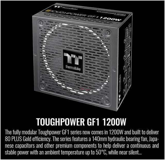 Alt view image 3 of 7 - Thermaltake Toughpower GF1 1200W 80+ Gold Analog Controlled SLI Full Modular Power Supply, Ultra Quiet 140mm Hydraulic Bearing Fan, Smart Zero Fan, 100% JP CAP PS-TPD-1200FNFAGU-1
