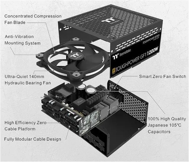 Alt view image 4 of 7 - Thermaltake Toughpower GF1 1200W 80+ Gold Analog Controlled SLI Full Modular Power Supply, Ultra Quiet 140mm Hydraulic Bearing Fan, Smart Zero Fan, 100% JP CAP PS-TPD-1200FNFAGU-1
