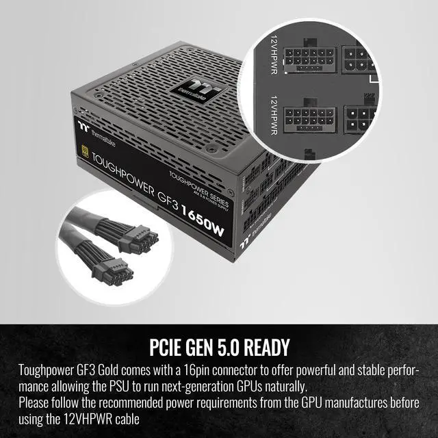Alt view image 3 of 6 - Thermaltake Toughpower GF3 1650W, ATX 3.0 Standard, PCIe Gen.5 600W 12VHPWR Connector Included, 80+ Gold Full Modular SLI/Crossfire Ready Power Supply, 10 Year Warranty, PS-TPD-1650FNFAGU-4