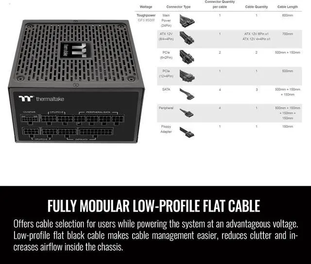 Alt view image 4 of 6 - Thermaltake Toughpower GF3 850W, ATX 3.0 Standard, PCIe Gen.5 450W 12VHPWR Connector Included, 80+ Gold Full Modular SLI/Crossfire Ready Power Supply, 10 Year Warranty, PS-TPD-0850FNFAGU-4