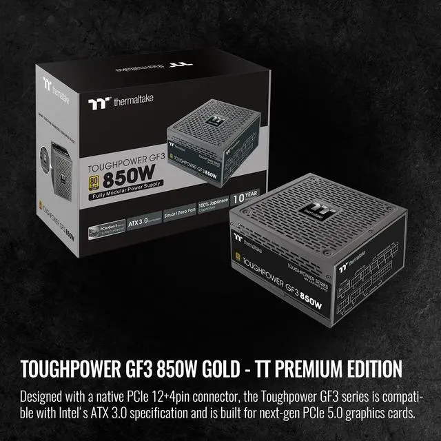 Alt view image 2 of 6 - Thermaltake Toughpower GF3 850W, ATX 3.0 Standard, PCIe Gen.5 450W 12VHPWR Connector Included, 80+ Gold Full Modular SLI/Crossfire Ready Power Supply, 10 Year Warranty, PS-TPD-0850FNFAGU-4