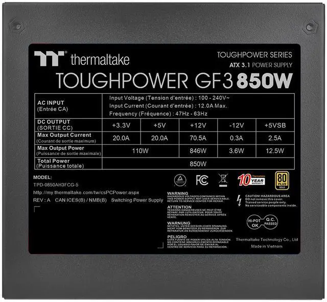 Alt view image 5 of 7 - Thermaltake Toughpower GF3 850W; ATX 3.1; Native PCIe 5.1 12V-2x6; Flat Cables; Color Matched Connectors; Japanese Main Capacitors; 135mm Fan; 80 Plus Gold Certified; Black; PS-TPD-0850FNFAGU-4