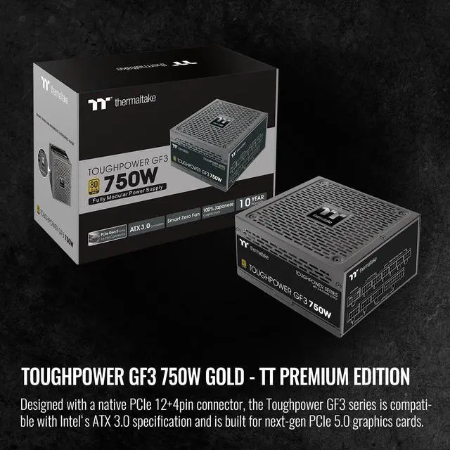 Alt view image 2 of 6 - Thermaltake Toughpower GF3 750W, ATX 3.0 Standard, PCIe Gen.5 300W 12VHPWR Connector Included, 80+ Gold Full Modular SLI/Crossfire Ready Power Supply, 10 Year Warranty, PS-TPD-0750FNFAGU-4