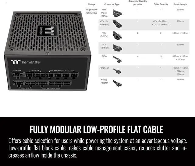 Alt view image 3 of 6 - Thermaltake Toughpower GF3 750W, ATX 3.0 Standard, PCIe Gen.5 300W 12VHPWR Connector Included, 80+ Gold Full Modular SLI/Crossfire Ready Power Supply, 10 Year Warranty, PS-TPD-0750FNFAGU-4