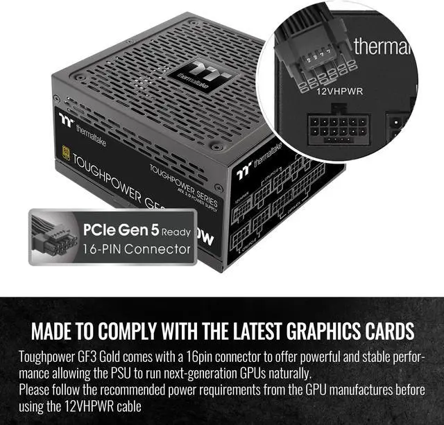 Alt view image 4 of 6 - Thermaltake Toughpower GF3 750W, ATX 3.0 Standard, PCIe Gen.5 300W 12VHPWR Connector Included, 80+ Gold Full Modular SLI/Crossfire Ready Power Supply, 10 Year Warranty, PS-TPD-0750FNFAGU-4