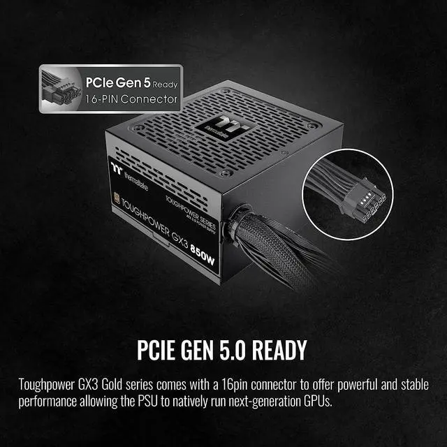 Alt view image 4 of 6 - Thermaltake Toughpower GX3 850W 80Plus Gold SLI/Crossfire Ready ATX 3.0 Power Supply; PCIe5 12VHPWR Connector included; PS-TP