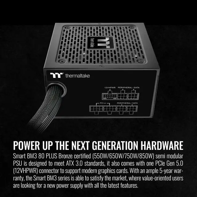 Alt view image 3 of 6 - Thermaltake Smart BM3 850W 80Plus Bronze ATX 3.0 & PCIE 5.0 Ready Semi-Modular Power Supply; 105°C/221°F Japanese Capacitor; 5 Year Warranty; PS-SPD-0850MNFABU-3