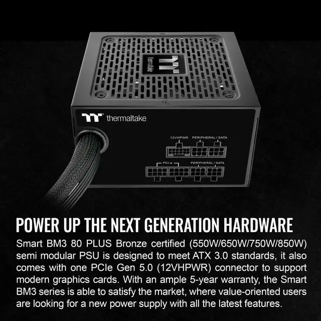Alt view image 3 of 6 - Thermaltake Smart BM3 750W 80Plus Bronze ATX 3.0 & PCIE 5.0 Ready Semi-Modular Power Supply; 105°C/221°F Japanese Capacitor; 5 Year Warranty; PS-SPD-0750MNFABU-3