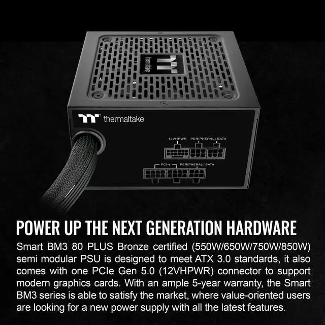 Alt view image 3 of 6 - Thermaltake Smart BM3 650W 80Plus Bronze ATX 3.0 & PCIE 5.0 Ready Semi-Modular Power Supply; 105°C/221°F Japanese Capacitor; 5 Year Warranty; PS-SPD-0650MNFABU-3