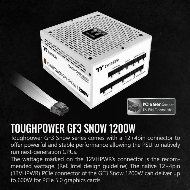 Alt view image 4 of 6 - Thermaltake Toughpower GF3 Snow Edition 1200W 80+ Gold Full Modular SLI/Crossfire Ready ATX 3.0 Standard Power Supply, PCIe Gen.5 600W 12VHPWR Connector Included, PS-TPD-1200FNFAGU-N, 10 Year Warranty